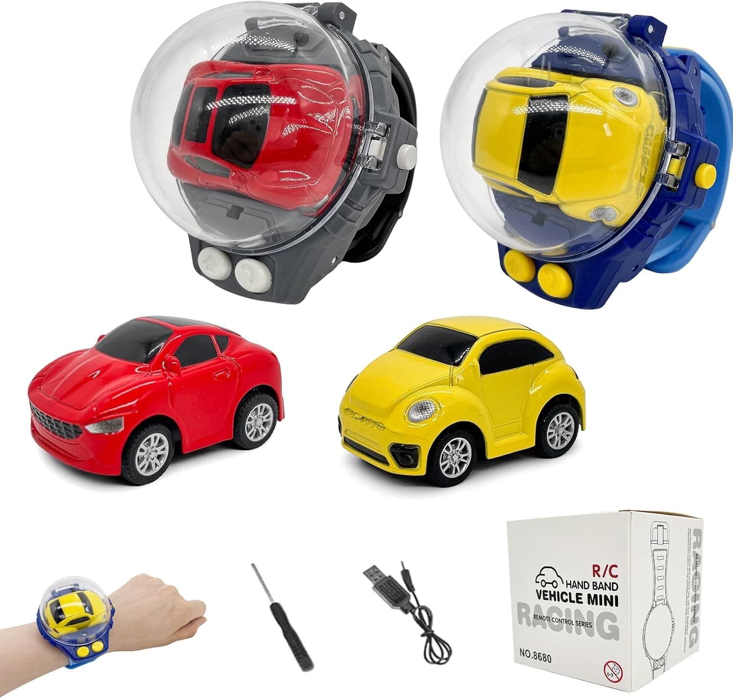 SHIRIA 2022 New Mini Remote Control Car Watch Toys,2.4 GHz Racing Car Watch Toy with USB Charging Cartoon RC Small Car Gift for Boys and Girls (Red & Yellow Alloy)