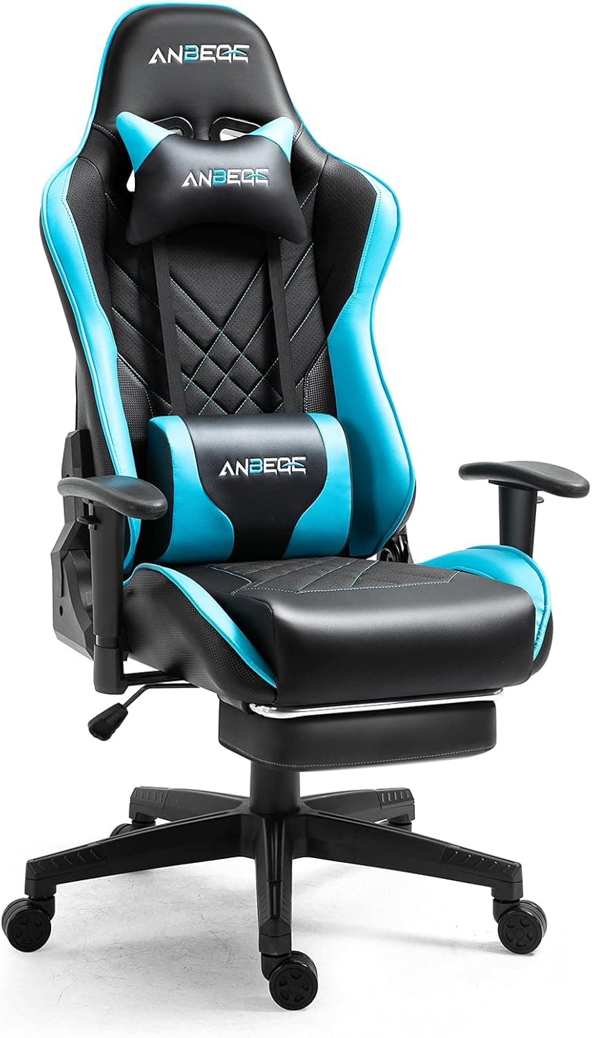ANBEGE Gaming Chair Retractable Footrest 2D Armrest Office Chair Height Adjustable Leather High Back Ergonomic Headrest Massage Lumbar Cushion Swivel Rocker Recliner Computer Chair (Blue)