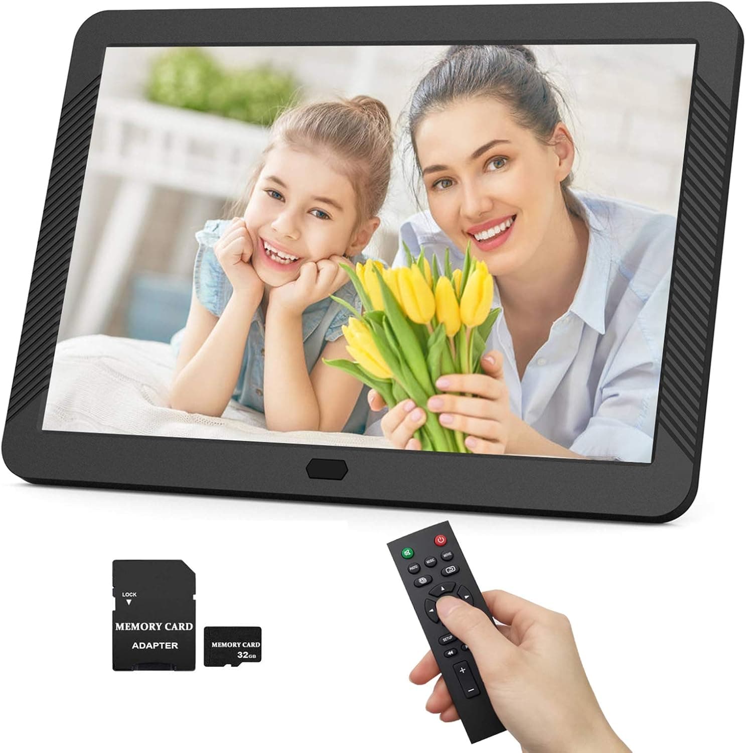 Digital Picture Frame 1920x1080 IPS Screen Include 32GB SD Card 16:9 1080P Video Frame, Photo Auto Rotate, Image Preview, Auto Turn On/Off, Auto Play, Background Music, Calendar, Clock(8 Inch Black)