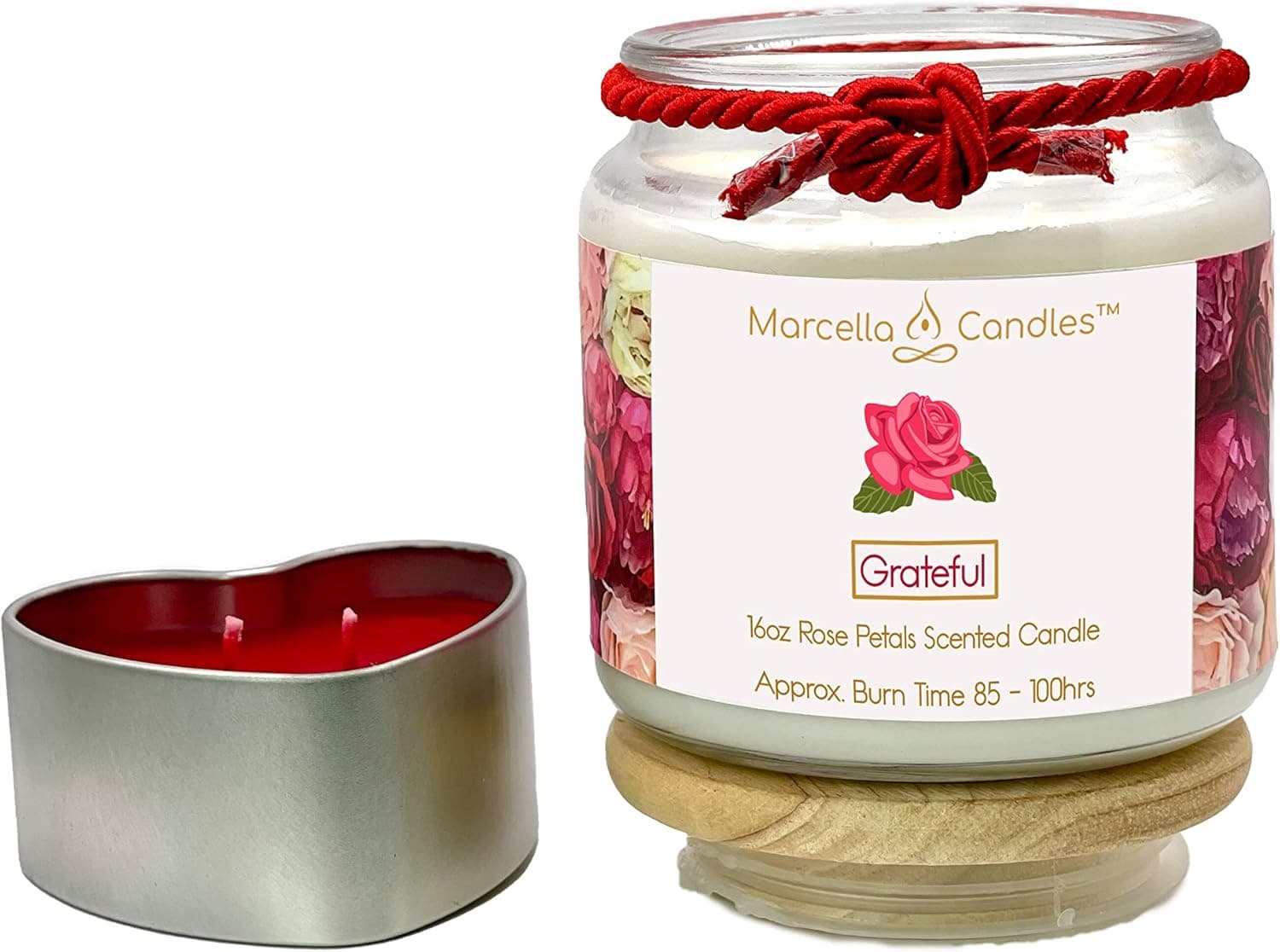Candle Gifts for Women, Rose Scented Candle Gift Set Includes, 16oz Rose Petals 3 Wick Candle, Heart Shaped Tin Scented Candle, 7 Pieces of Hershey's Kiss Candy & Matches