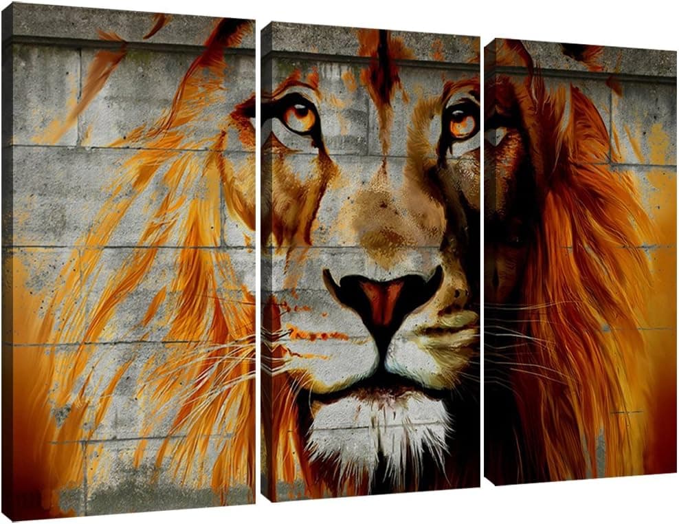 Large 3 Panel African Animal Canvas Picture Wall Art Vintage Lion Street Graffiti Canvas Prints Artwork for Home Offfice Men Cave Living Room Decoration Stretched and Framed Ready To Hang 16"X32"X3