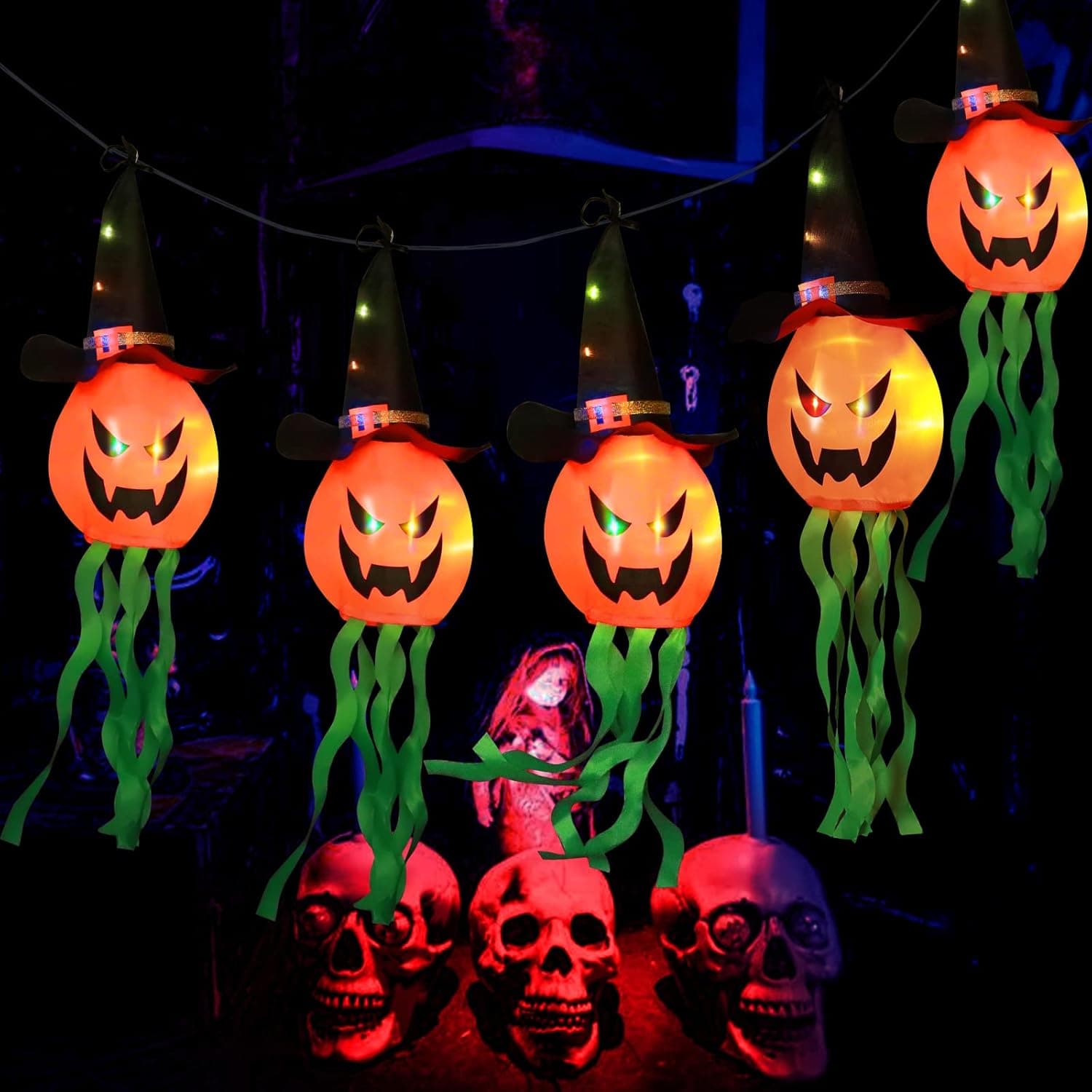 Halloween Decorations Lights 11.5 ft 2 Modes 5pcs DIY Hanging Colored LED with Flashing Bubble Pumpkin String Lights for Indoor Outdoor Yard Tree Garden Party Decor