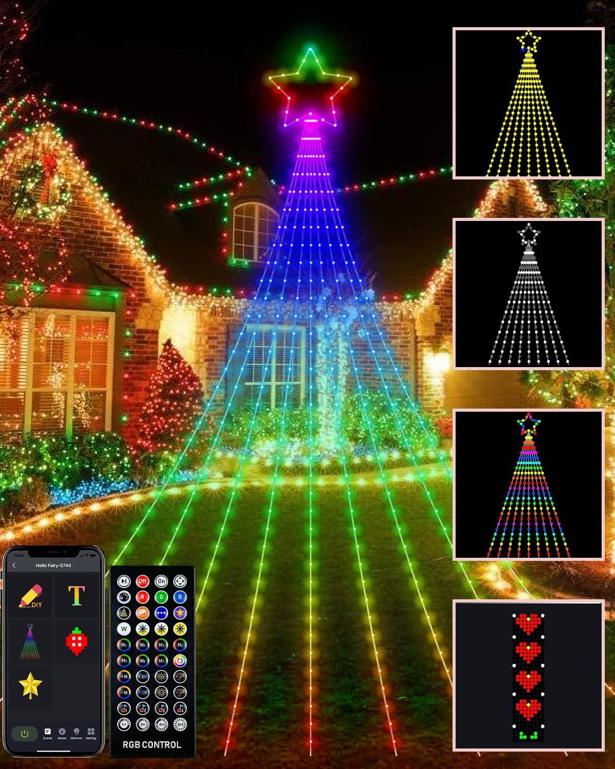 Outdoor Christmas Decorations Lights with Star, Smart DIY Custom Display 11.8Ft Yard Waterfall Tree String Lights 64 Modes, App Control 344LED RGB Color Changing Music Timer for Xmas Tree Lawn Decor