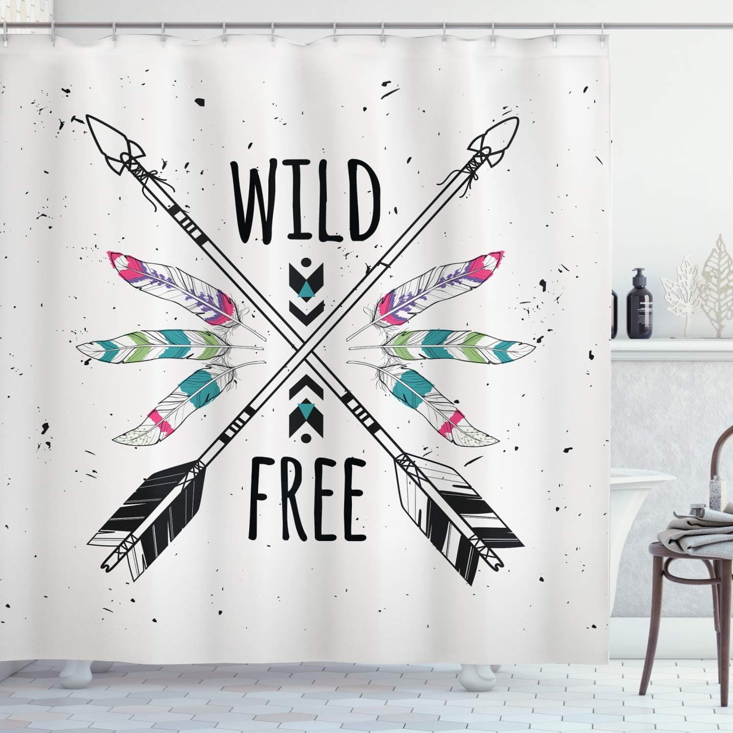 Ambesonne Tribal Shower Curtain, Crossed Arrows Wild and Free Motivation Art Words Prehistoric Illustration, Cloth Fabric Bathroom Decor Set with Hooks, 69" W x 70" L, Coconut Black