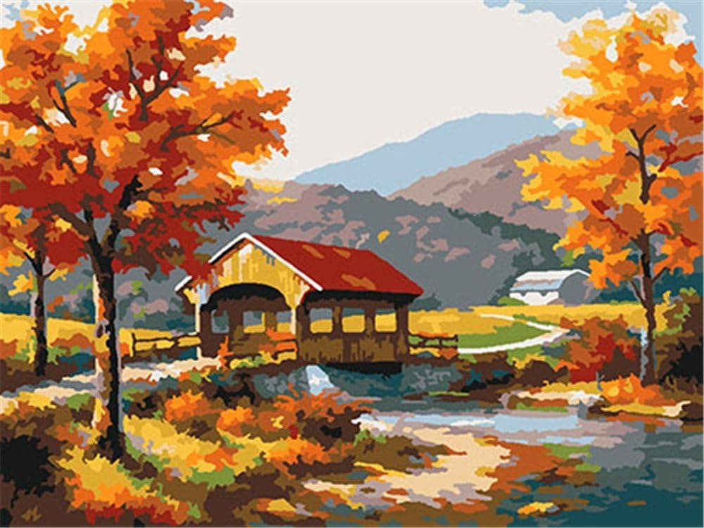 CaptainCrafts New Paint by Numbers 11 x 14" for Adults Beginner Kids Linen Canvas - Autumn Outskirts, Rural Landscapes Rural Cabins (Frameless)