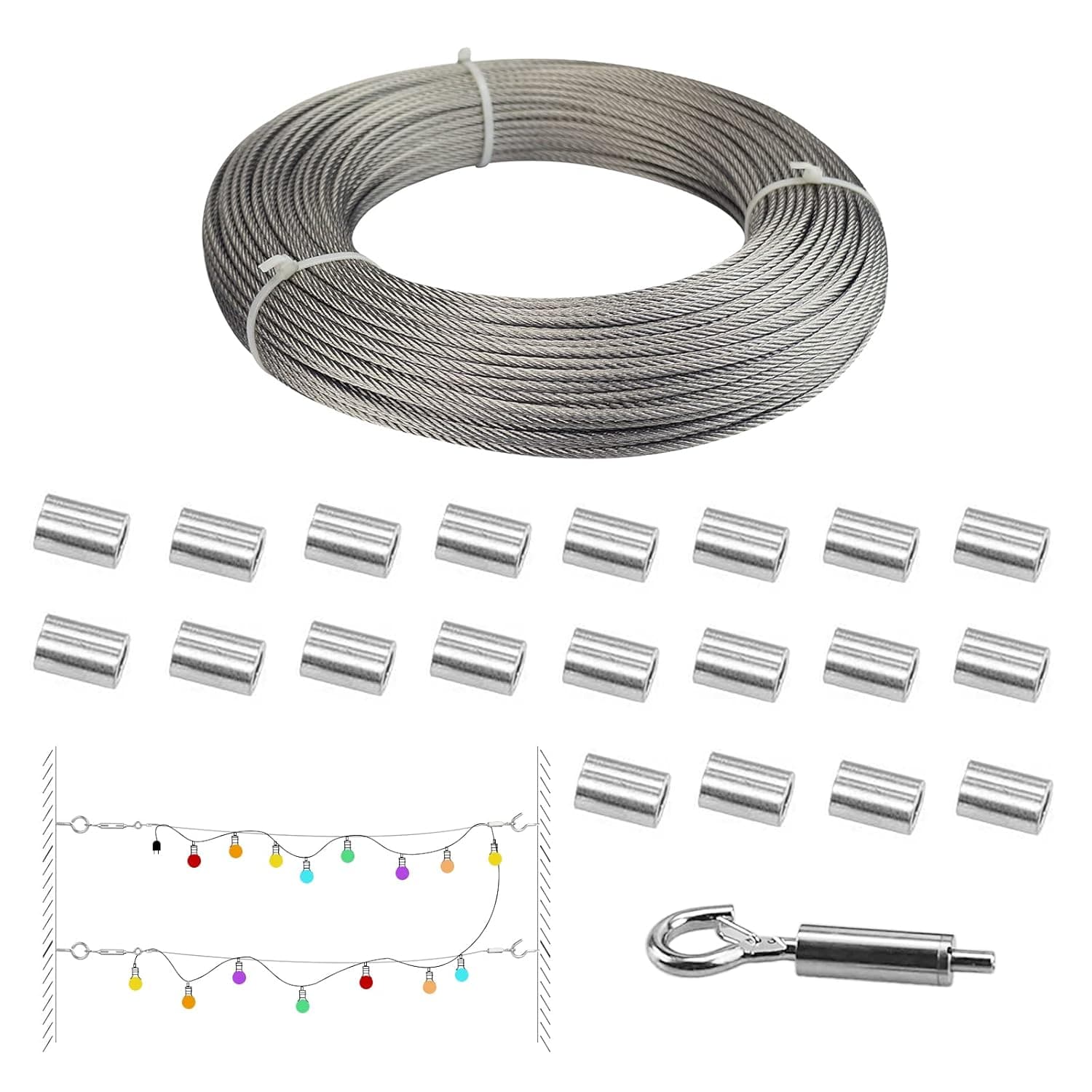 Muzata 165FT String Light Hanging Kit Lamp Outdoor Indoor Globe Suspension Stainless Steel 1/16" Cable Wire Easy installed Accessories Included Aluminum Crimping Loop Sleeve and Snap Hook NK05