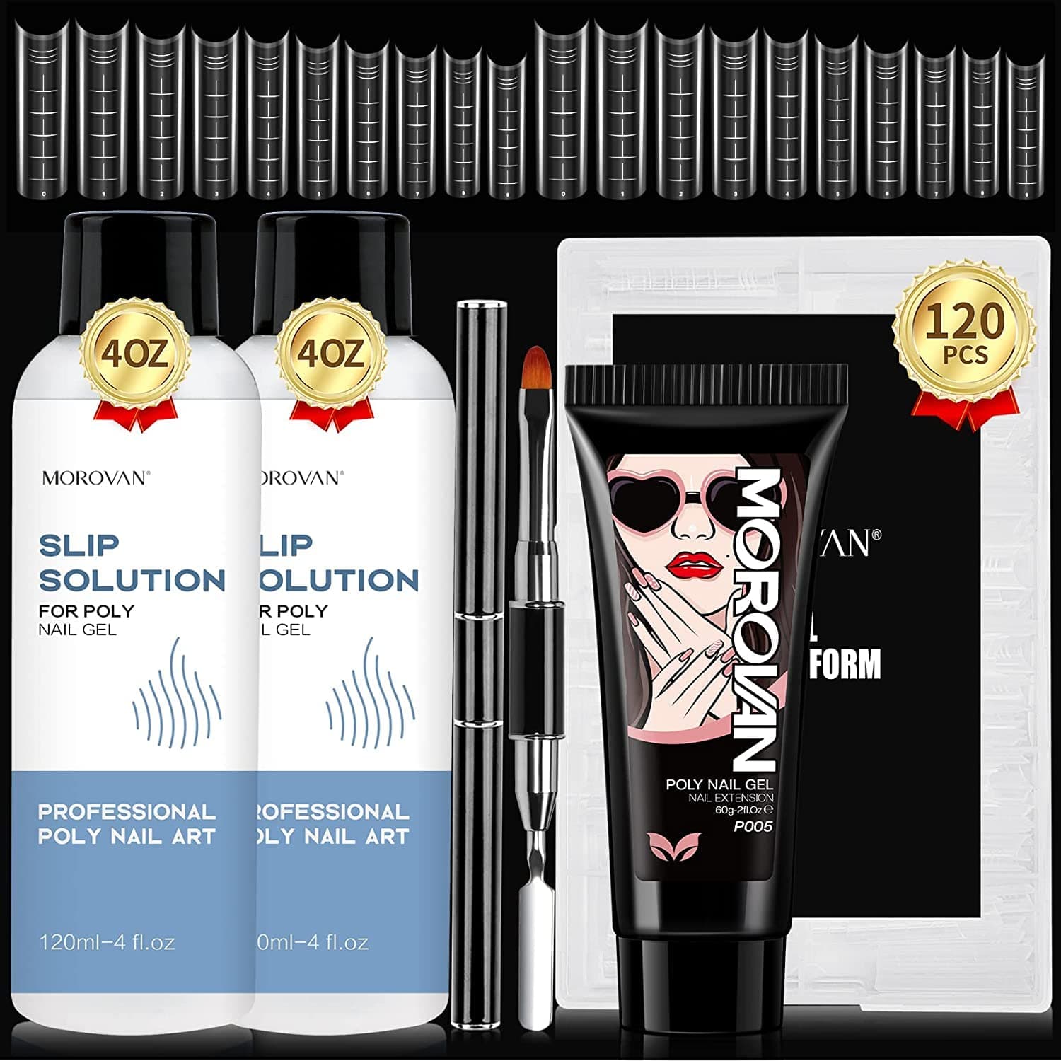 Morovan Poly Gel Nail Kit - 2Oz Poly Nail Gel with 8Oz Slip Solution All In One Poly Extension Gel with Dual-Ended Nail Forms For Beginners Poly Gel Slip Solution Liquid Kit