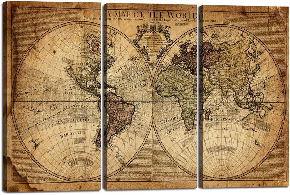 Wall Art Decor Canvas World Map,3 Pieces Framed Large Canvas Art Contemporary Painting Vintage Globe Map Newspaper Background Artwork Pictures for Bedroom Living Room Decoration(40''H x 60''W)