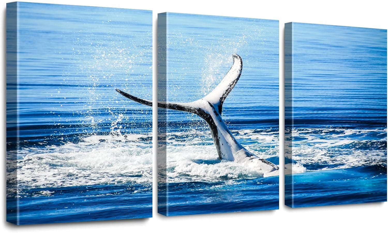 Cheersoon Canvas Wall Art 12"x16"x3 Panels, Blue Sea Dolphin Tail Framed Wall Art, 70% Hand Painted Beach Wall Art with Solid Wood Stretched, Ready to Hang