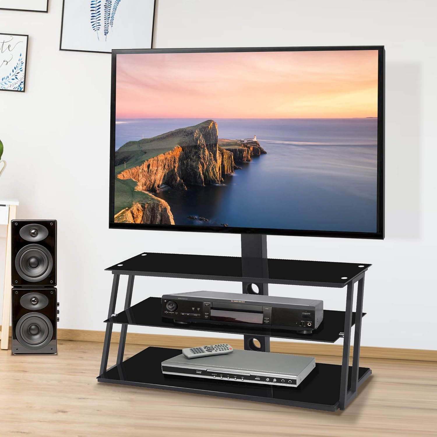 Height and Angle Adjustable Multi-Function Tempered Glass Metal Frame Floor TV Stand