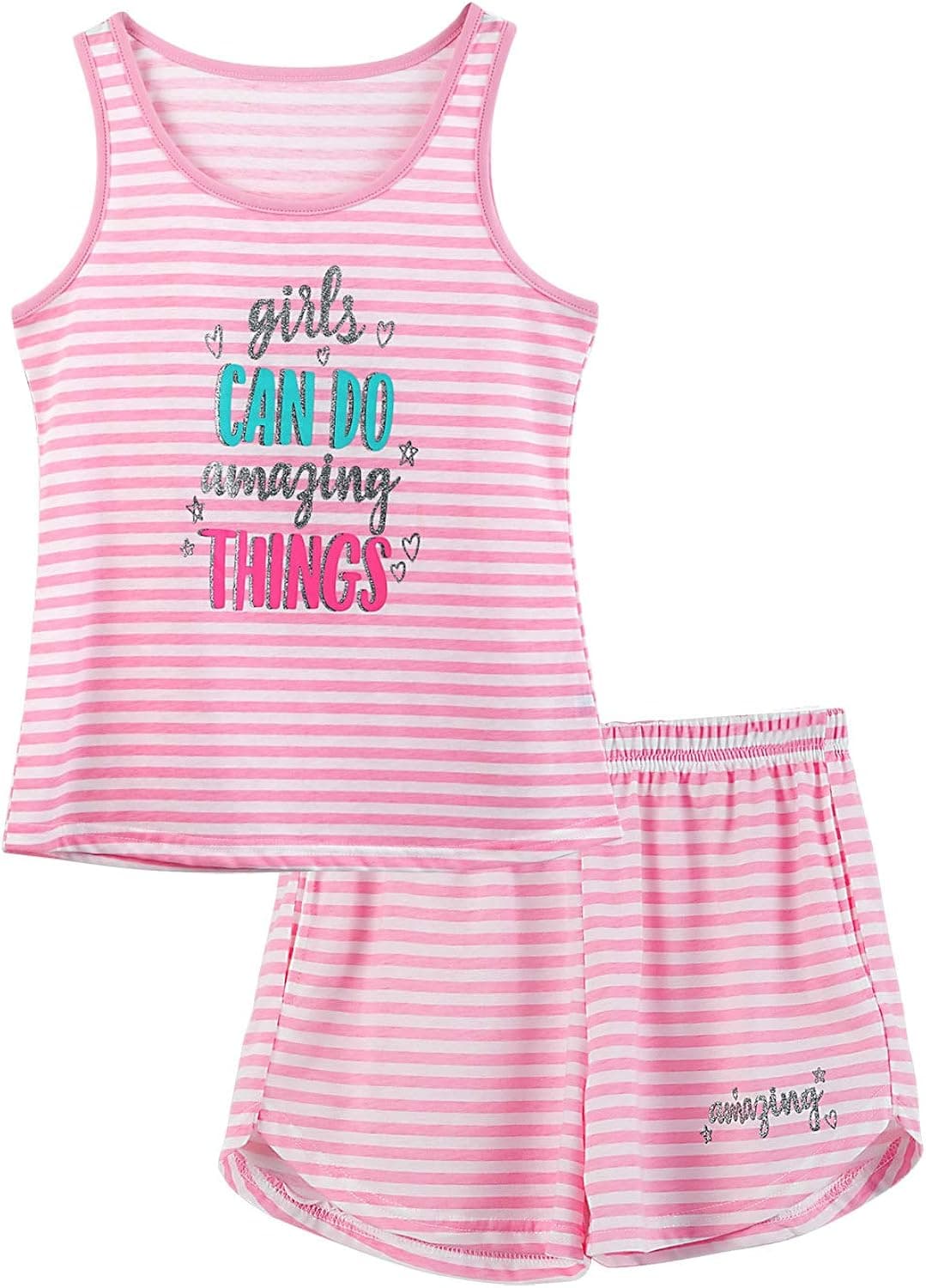 Girls Tank Top Pajamas – Size 6 8 10 12 14 16 18 Summer Shorts Stripe PJS Set Big Kids Clothes for Tween/Teens