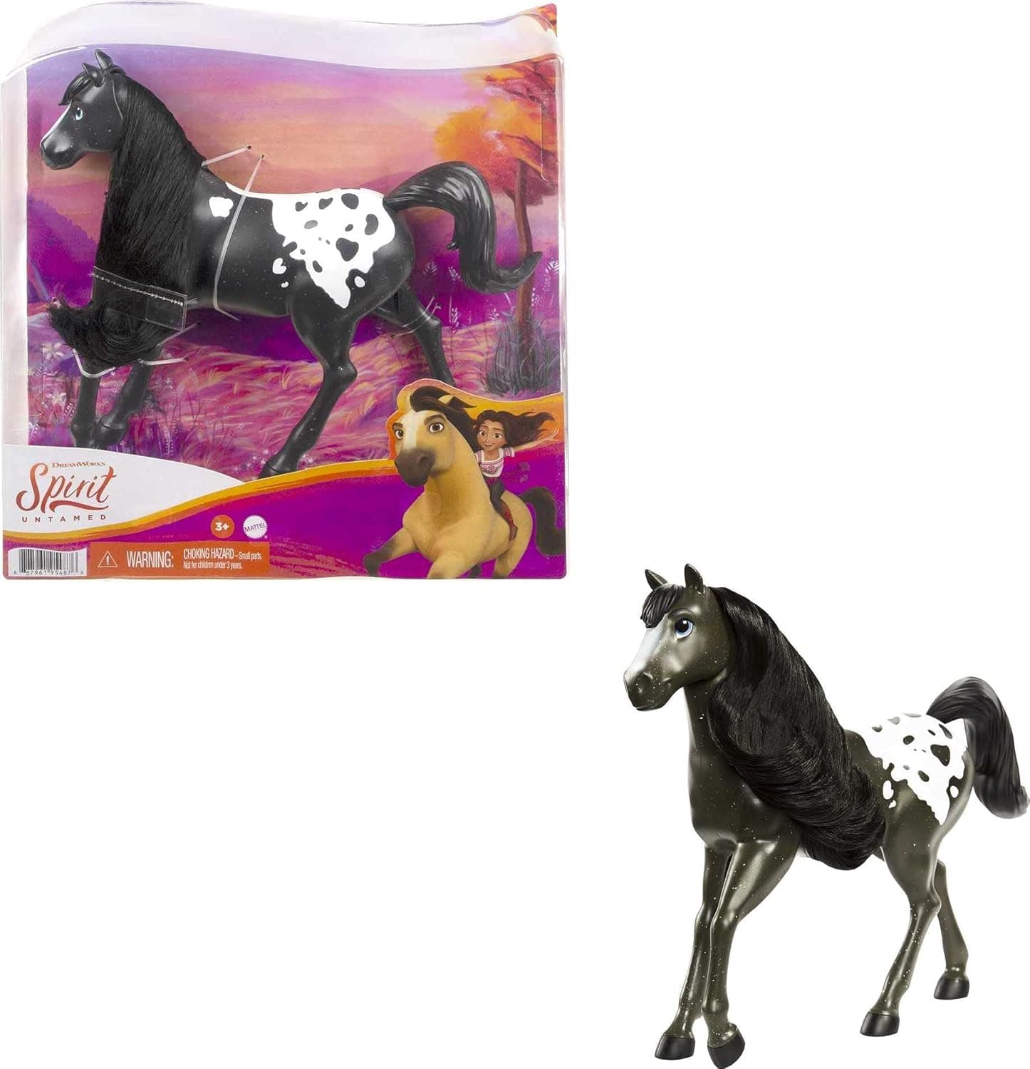 Mattel Spirit Untamed Herd Horse (Approx. 8-in), Moving Head, Black Pinto with Long Black Mane & Playful Stance, Great Gift for Horse Fans Ages 3 Years Old & Up (GXD98)