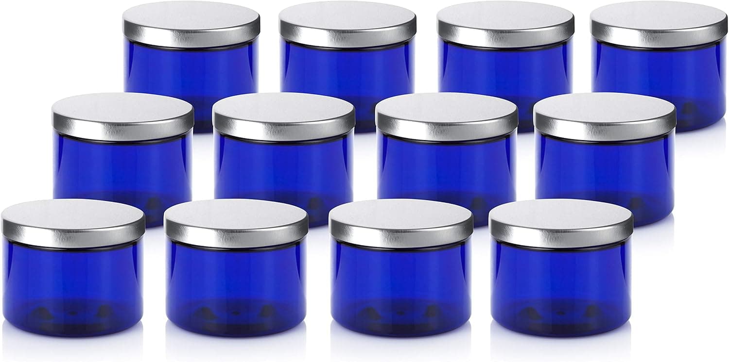 JUVITUS Cobalt Blue PET Plastic (BPA Free) Refillable Low Profile Jar with Silver Metal Lid - 6 oz (12 pack)