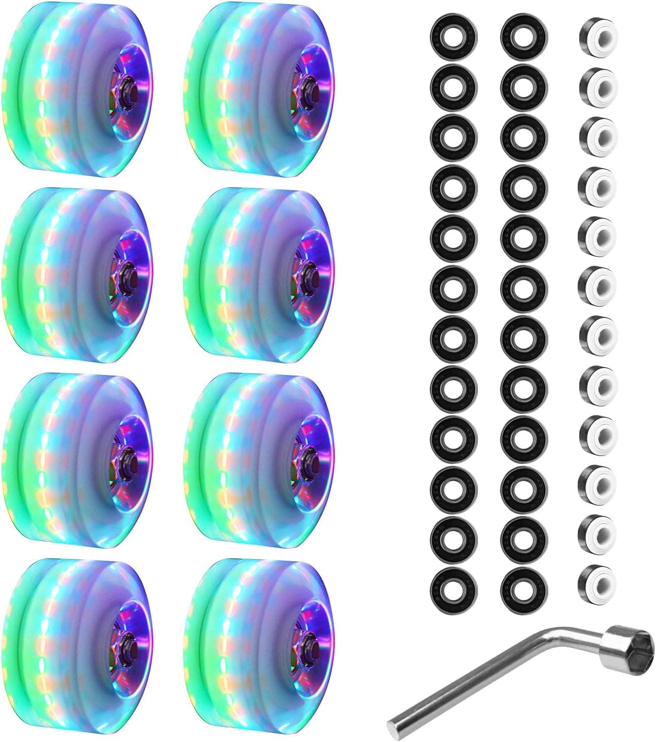 B&A 8 Piece Roller Skate Wheels Luminous LED Light Up Skate Wheels with Skate Roller Bearings for Double Row Skating and Skateboard 32 x 58 mm