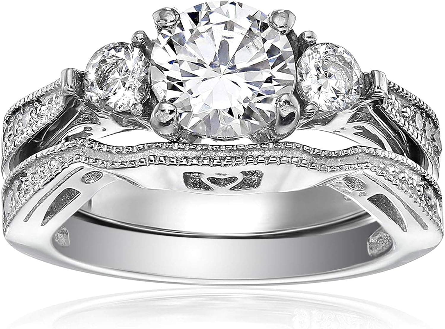 FlameReflection Stainless Steel Wedding Ring Set for Women Bridal Engagement Band Round CZ Three Stone