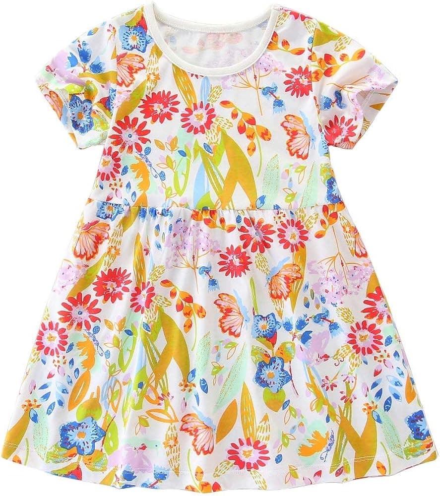 Hongshilian Girls Summer Casual Dress Cotton Short-Sleeved Cute Cartoon T-Shirt Dresses