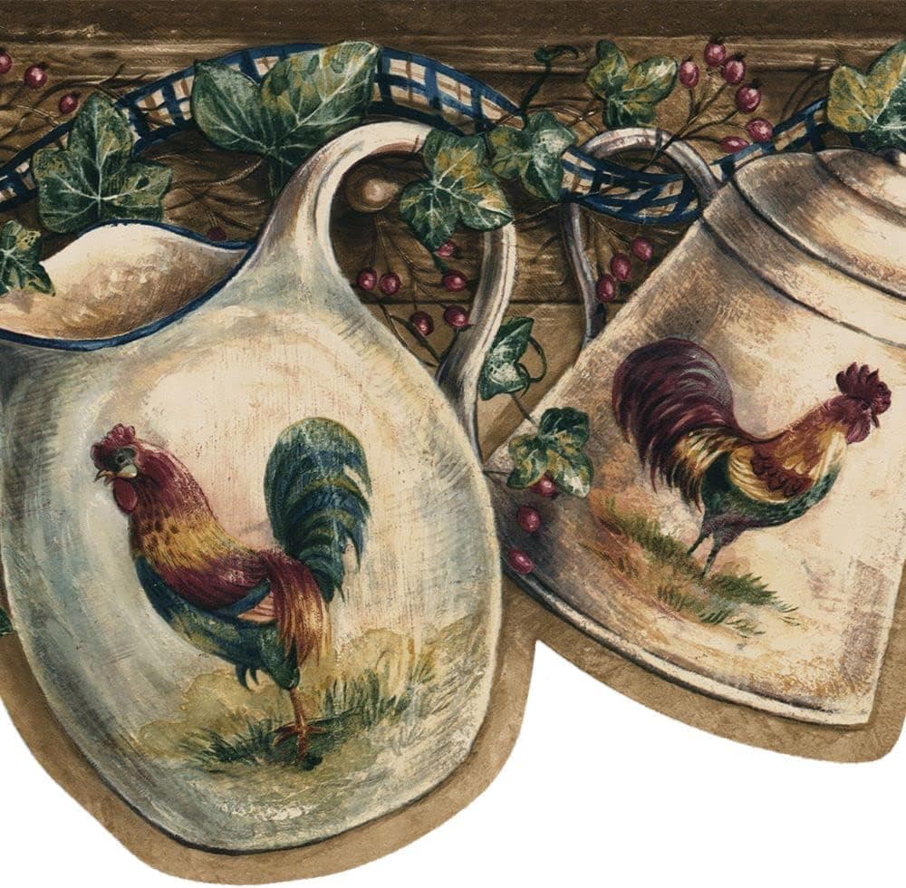 CONCORD WALLCOVERINGS Wallpaper Border Country Pattern Roosters Dishes Leaves, Die Cut Edge for Living Room Bedroom Dining Room, Beige Brown Green, 15 Feet by 8 Inches BSB7009B