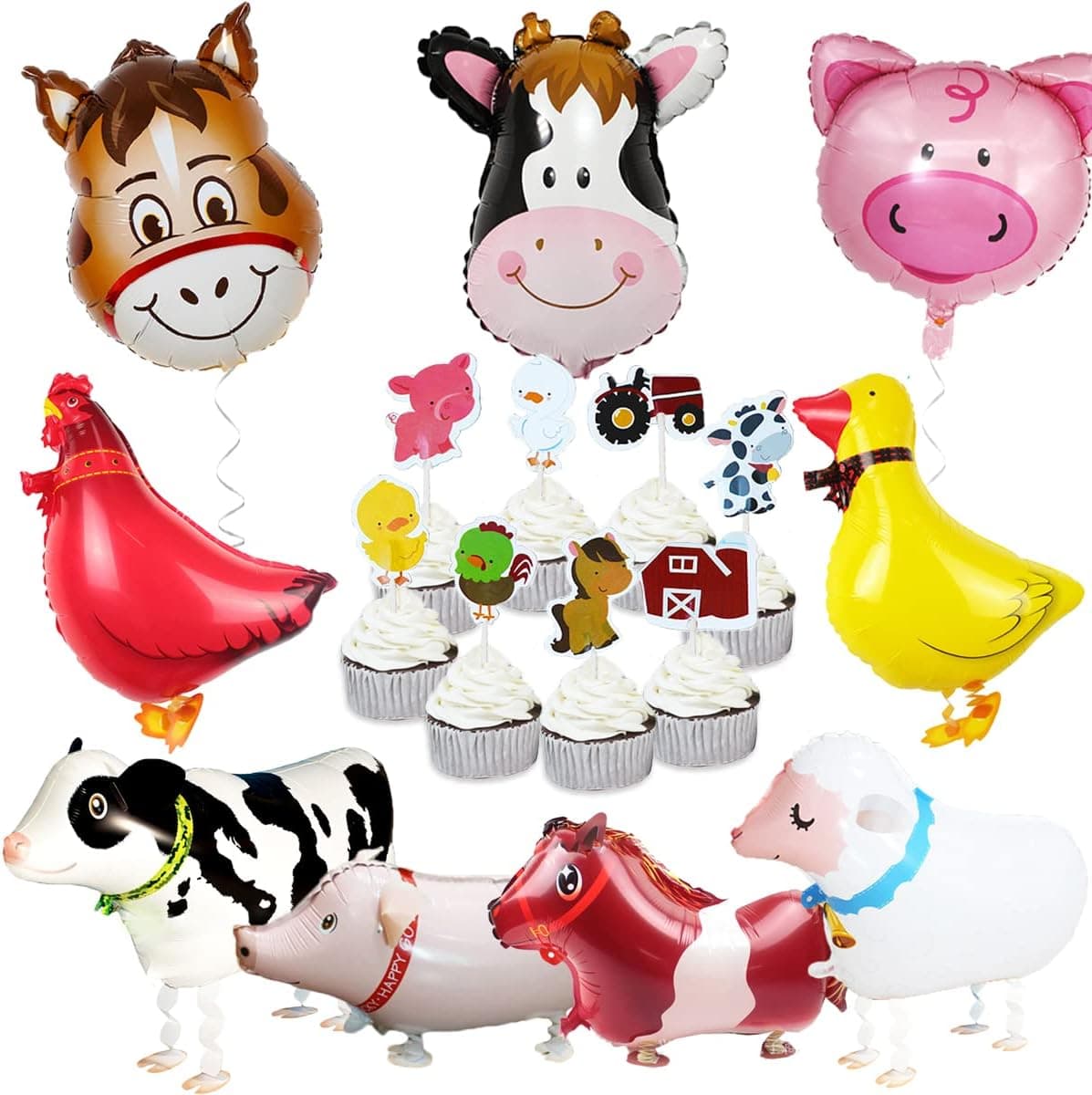 Farm Animal Party Balloons for Birthday Baby Shower - Barnyard Party Decorations with Walking Animals Balloons and Cupcake Toppers(Duck Chicken Cow Sheep Pig Donkey)