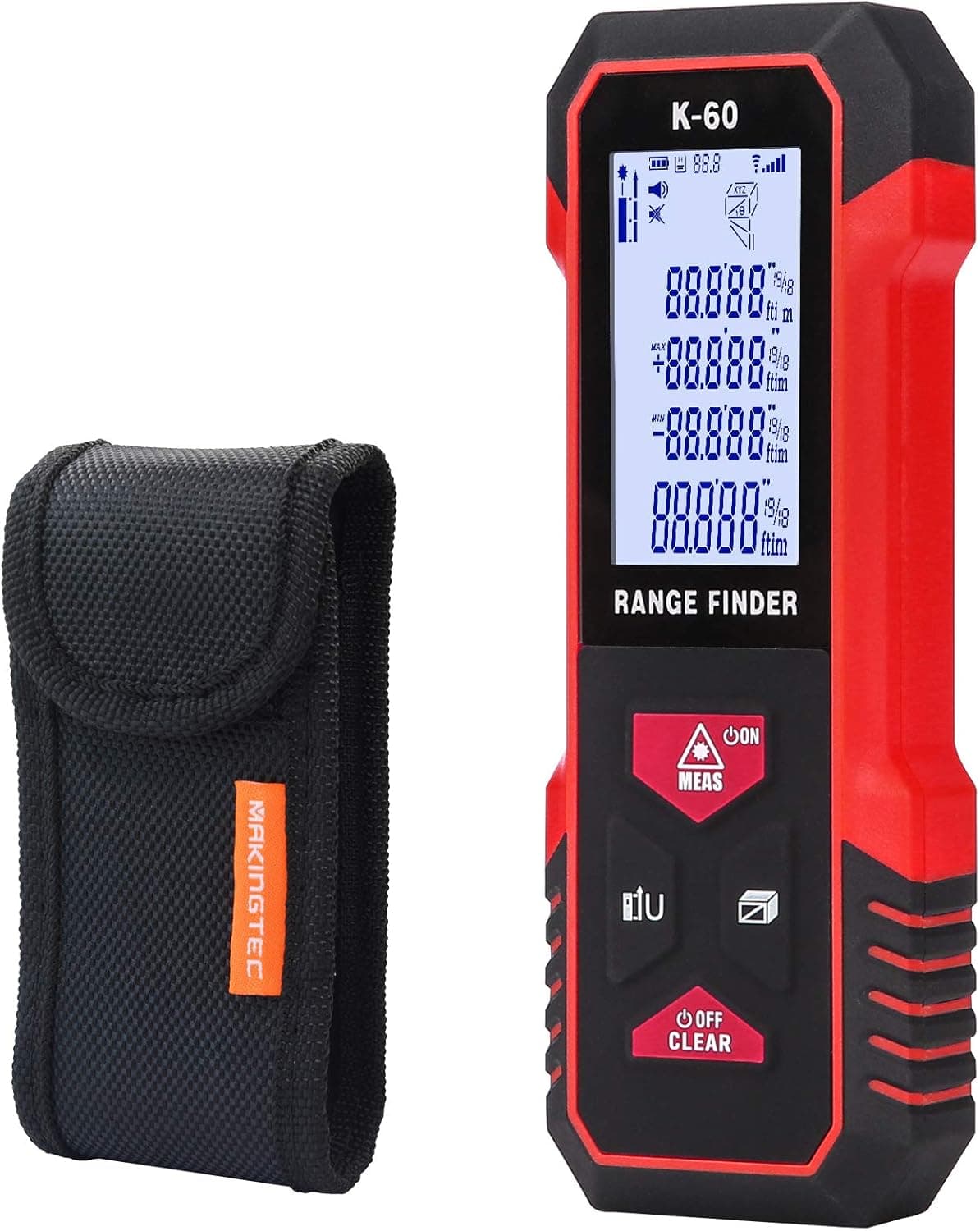 MAKINGTEC Laser Measure 196Ft M/Ft/in with Fraction Mode,Tape Measure Laser Measuring Device Large LCD Backlight Display, Pythagorean Mode Distance Measure Area and Volume Laser Distance Meter K-60