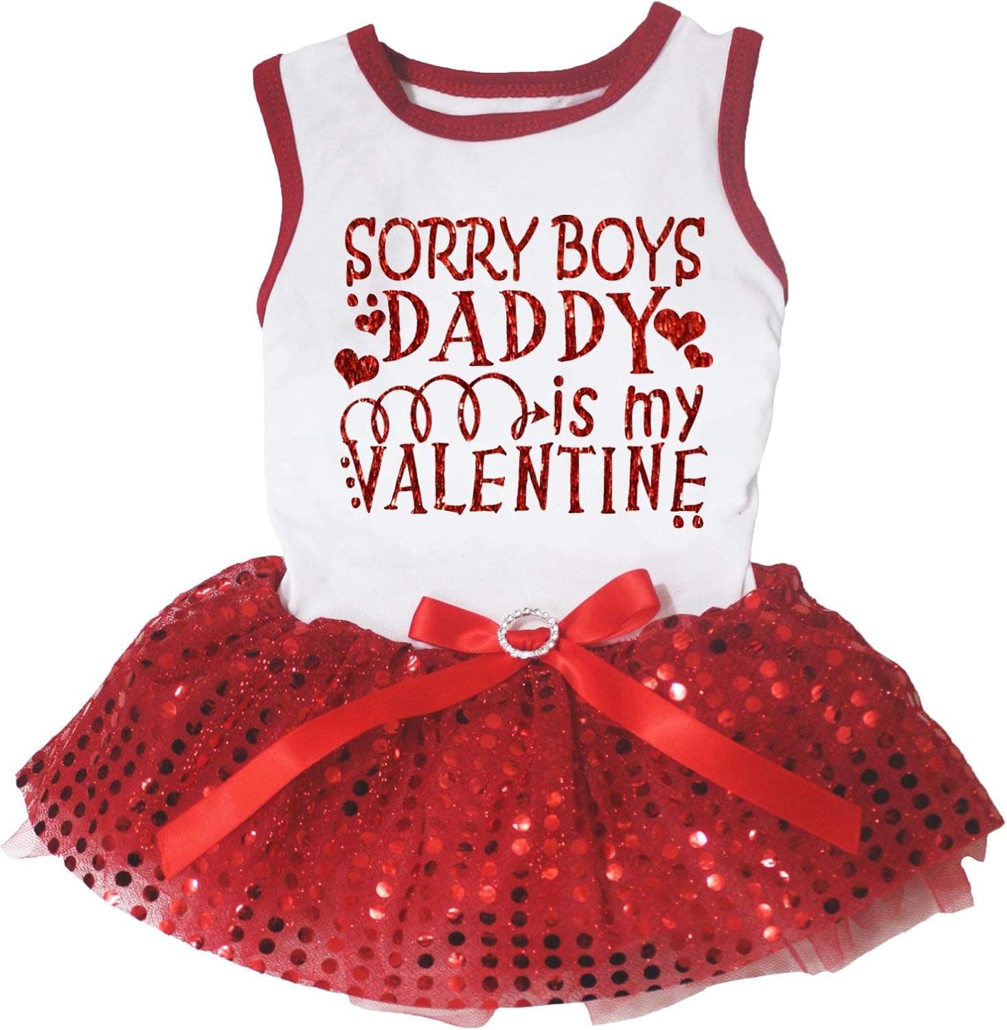 Petitebella Sorry Boys Daddy is My Valentine Puppy Dog Dress (White/Red Sequins, Large)
