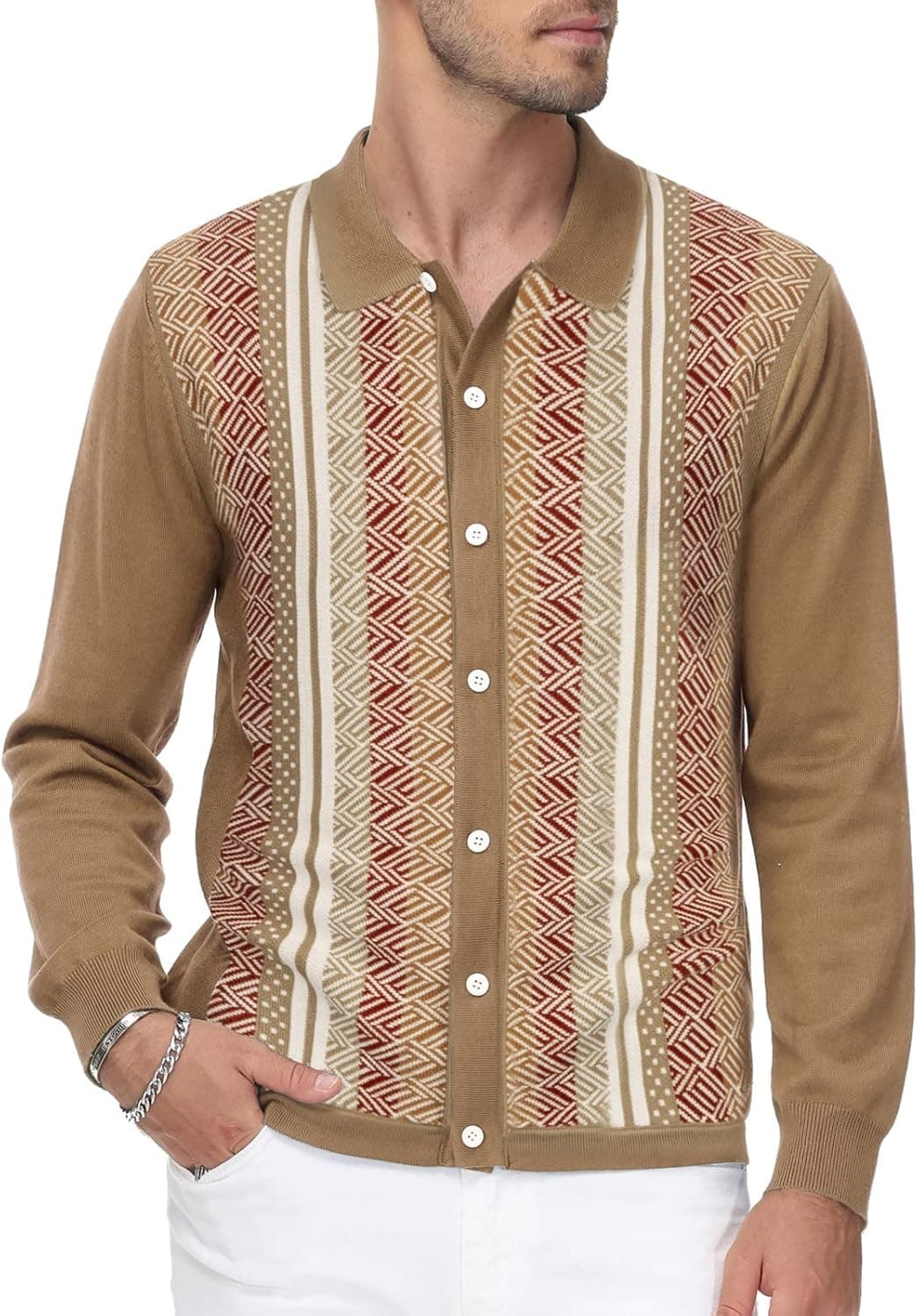 Men's Vintage Stripe Polo Shirt Casual Long Sleeve Button Knit Shirt