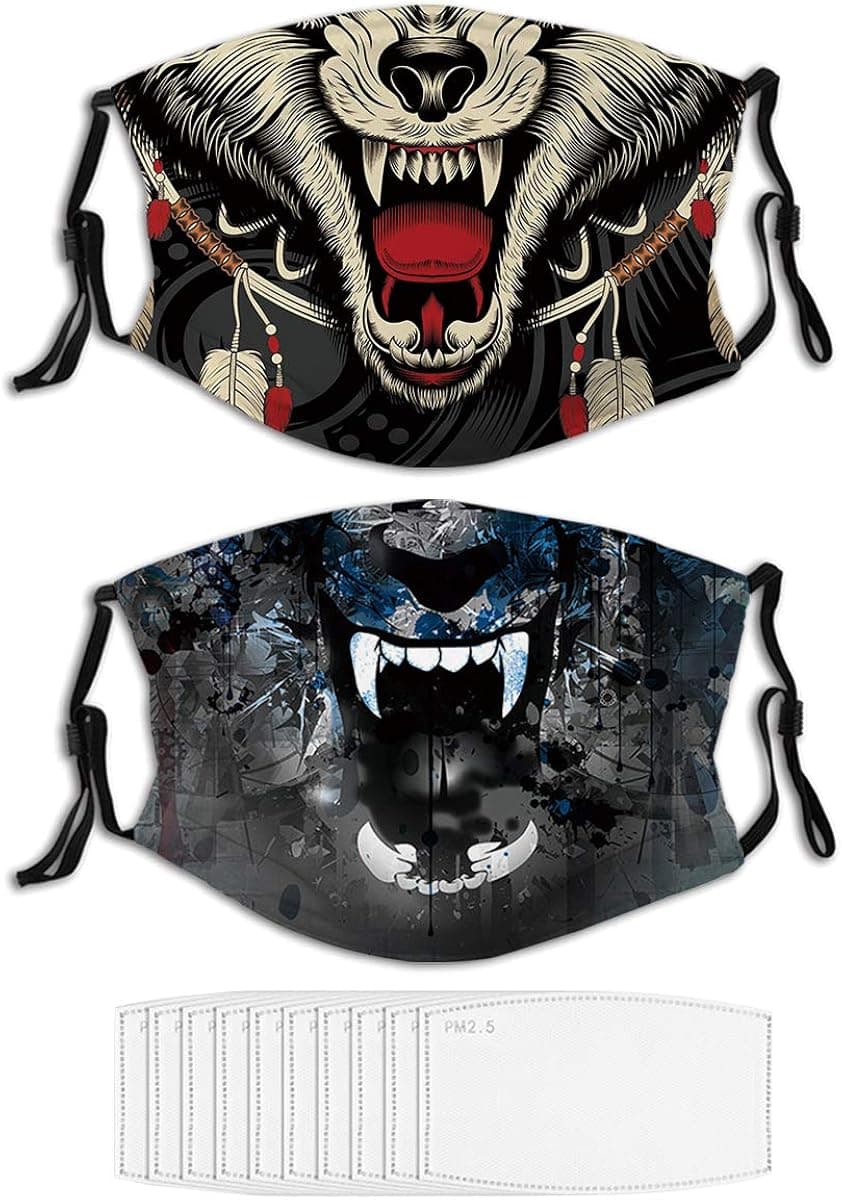 2PCS Face Mask Funny Dog Cat Wolf Mouth Washable Masks for Men Women,10 Filters