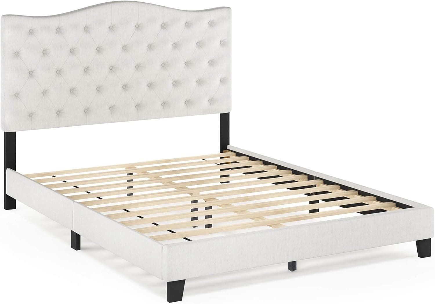 Furinno Lille Button Tufted Bed Frame, Queen, Beige