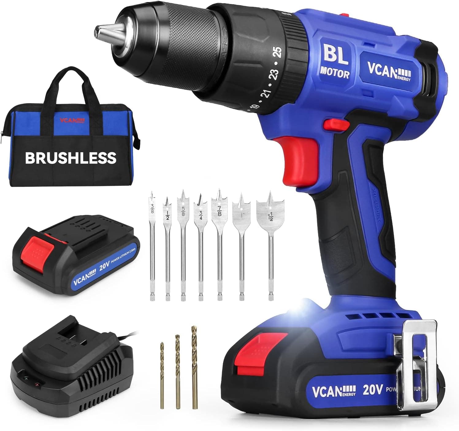 VCANENERGY 20V Brushless Cordless Power Drill, 25+3 Hammer Drill Driver, 530 In-lbs Torque, 1/2” Metal Keyless Chuck, 2-Variable Speeds with 1x2.0Ah Batteries and Charger