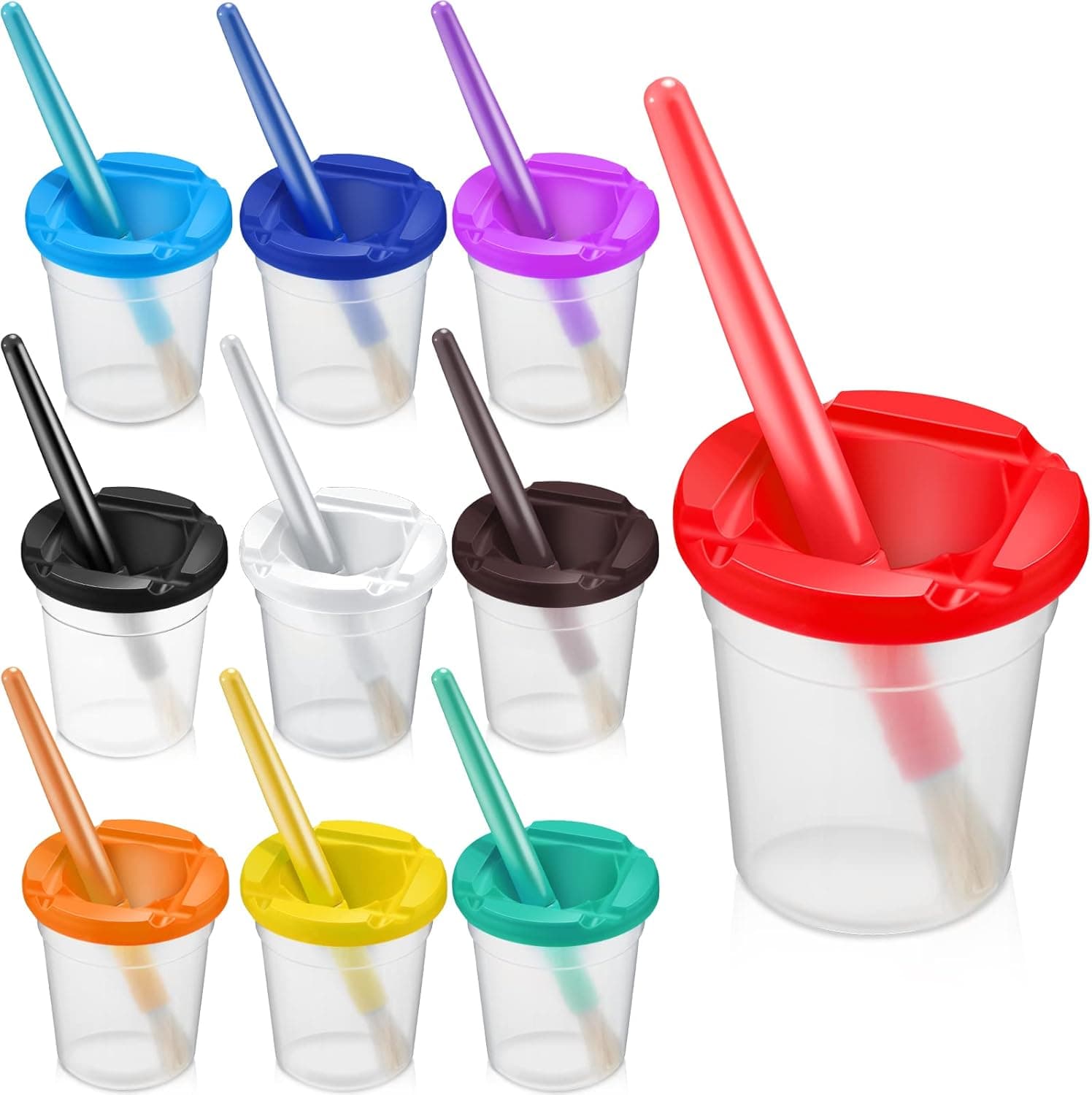 10 Pieces Paint Cups Toddler Painting Set Spill Proof Paint Cups Children's No Spill Paint Cups with Assorted Colored Lids Matching Plastic Handles Brushes Preschool Art Supplies for Kids Art Class