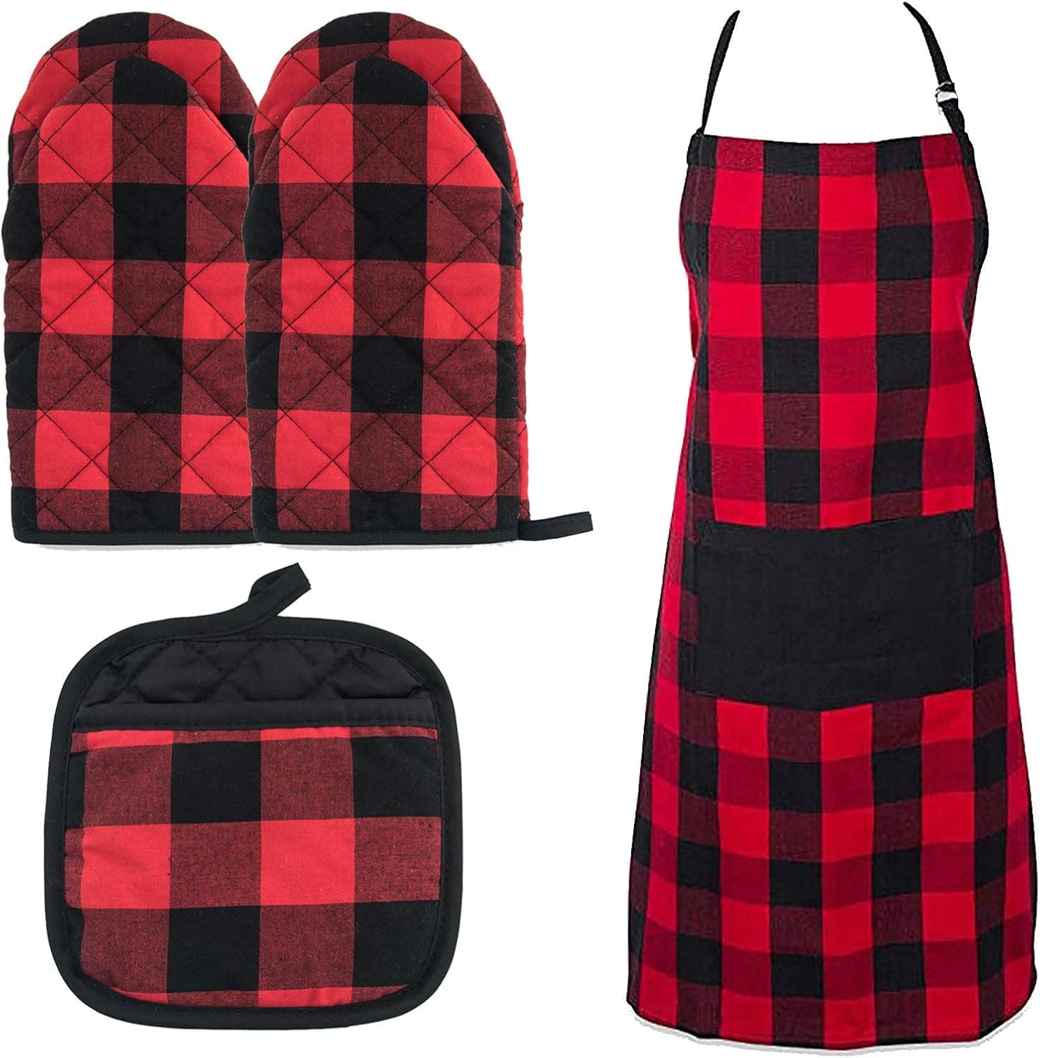 HaiMay 4 Pieces Buffalo Check Pot Gloves Oven Mitts Kitchen Aprons Black and Red Plaid Oven Mitts Pot Holders Set Kitchen Collection Check Plaid Gift Set