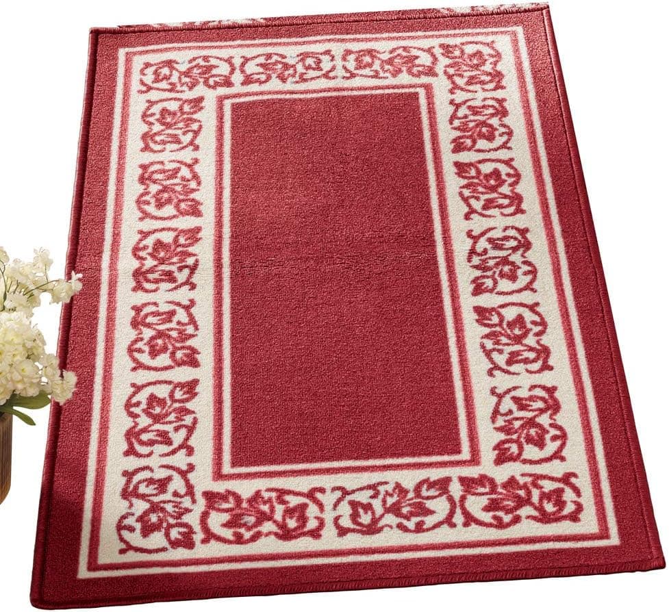 Collections Etc Floral Border Skid-Resistant Accent Rug, Burgundy, 26 X 45