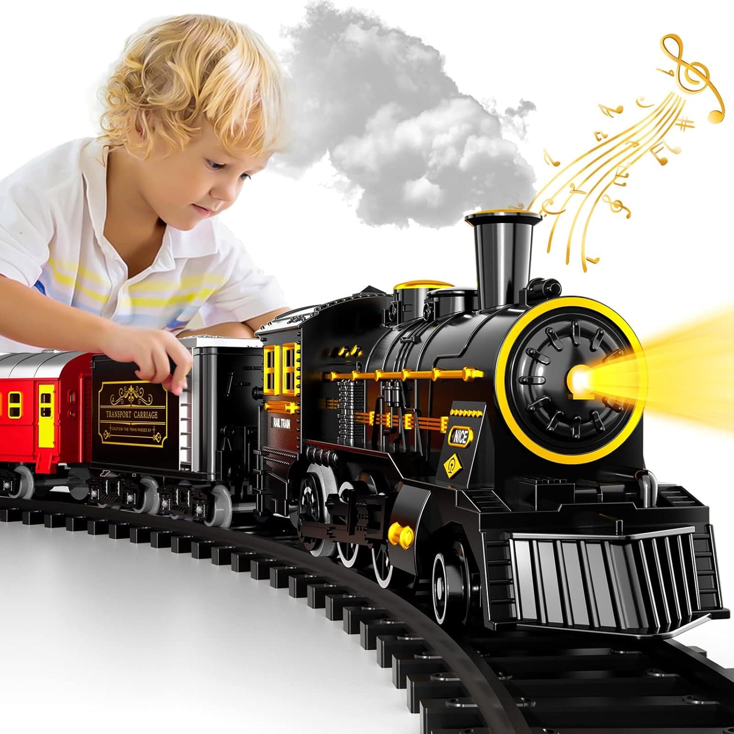 Christmas Train ElectricTrain Set with Retro Classic Steam Engine Wagon and Long Tracks, Battery Powered Train Playset with Smoke Lights and Sounds for Boys and Girls 3 5 6 7 Years Old