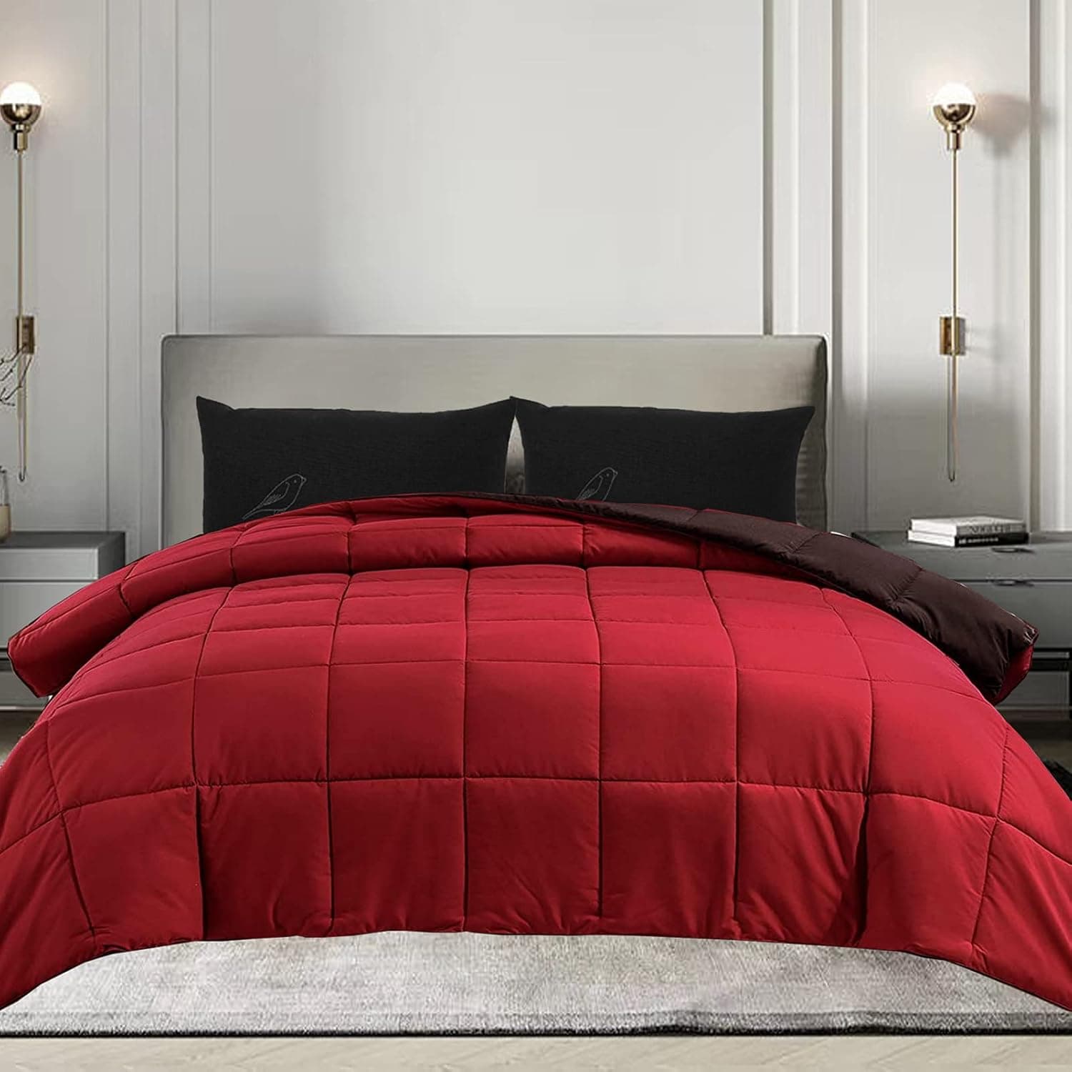 DOWNCOOL Comforter King Size, Reversible Duvet Insert,Red/Black All Season Blanket, Lightweight Quilt, Down Alternative Hotel Comforter with Corner Tabs (Red/Black, King 102x90 Inches)