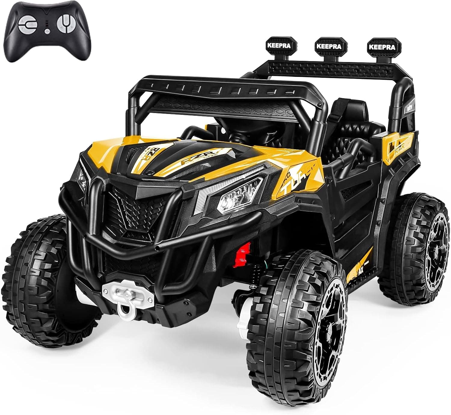 SPDO Kid Ride on Off-Road Electric Truck, 4WD Four 35W Motors, 12V 10Ah Battery, Direct/Parent Control, 2 Speed, Wireless Music USB Audio, Spring Suspension, Damper Tire, Birthday Gift-Red