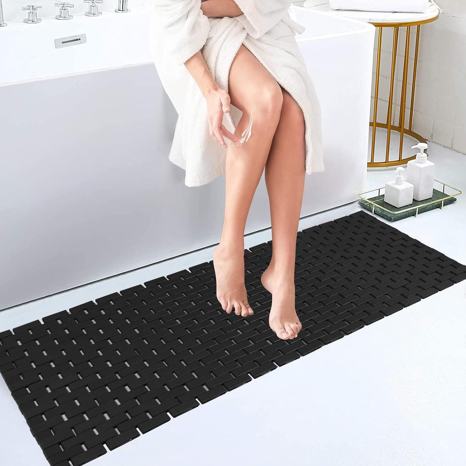 Bamboo Bath Mat Bathroom Runner Long Large Rugs Floor Wood Shower Bathtub Waterproof Non Slip Accessories 16x48 Inch Easy to Clean,Black,1 pc