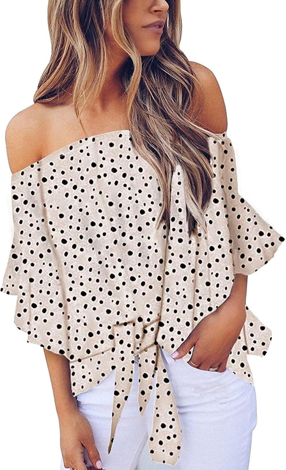 USUASID Women's Striped Off The Shoulder Tops 3/4 Bell Sleeve Tie Knot Casual Blouse Shirts