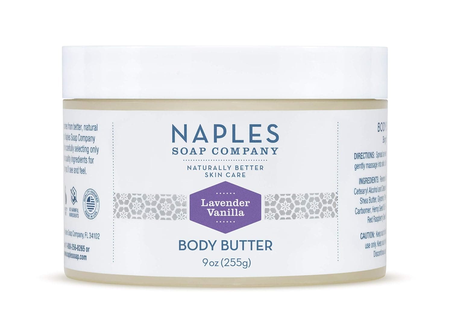 Naples Soap Natural Body Butter - Rich Cocoa Shea Body Butter Made For Women With No Harmful Ingredients - Natural Skin Care For Nourished And Moisturized Skin - 9 oz, Lavender Vanilla