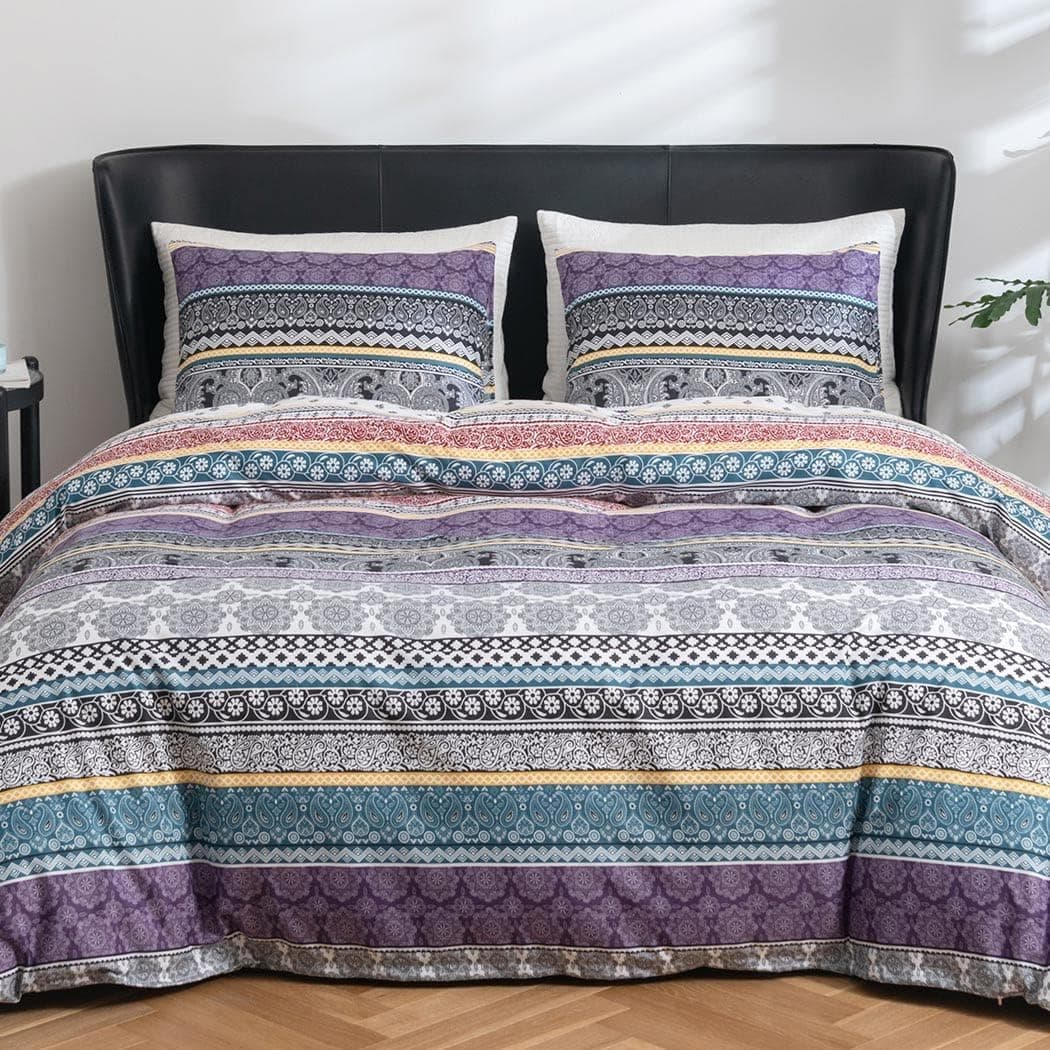 Lekesky Queen Duvet Cover Set Boho Purple Blue Colorful Retro Striped Print 3pc 90 x 90 Luxury Soft Microfiber Down Comforter Quilt Bedding Cover with Zipper Ties