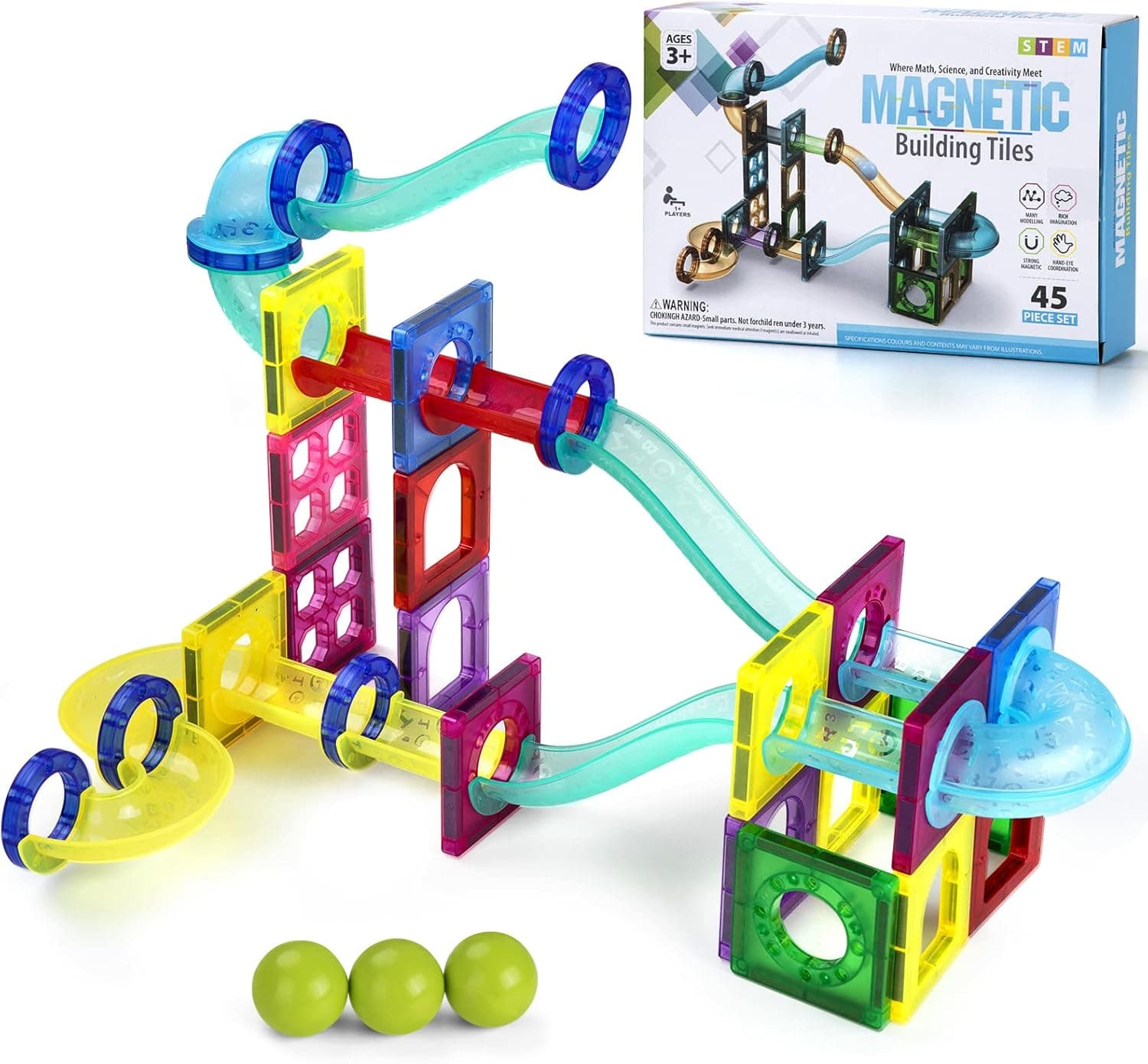 Marble Run Magnetic Tiles, 45pcs Marble Run Race Track 3D Magnetic Building Blocks, STEAM Educational Toy, Child Brain Development Kit Toy for Girls Boys Toddlers Kids Ages 3 4 5 6 7 8+
