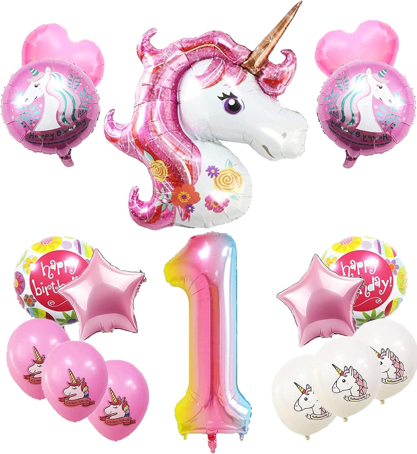 Unicorn Balloons 1st Birthday, 43" Pinks Large Unicorn Mylar Balloon, 40" Number 1 Gradient for First Birthday, Unicorn Temporary Tattoos Glow In the Dark 2 Sheet, Total 18pcs