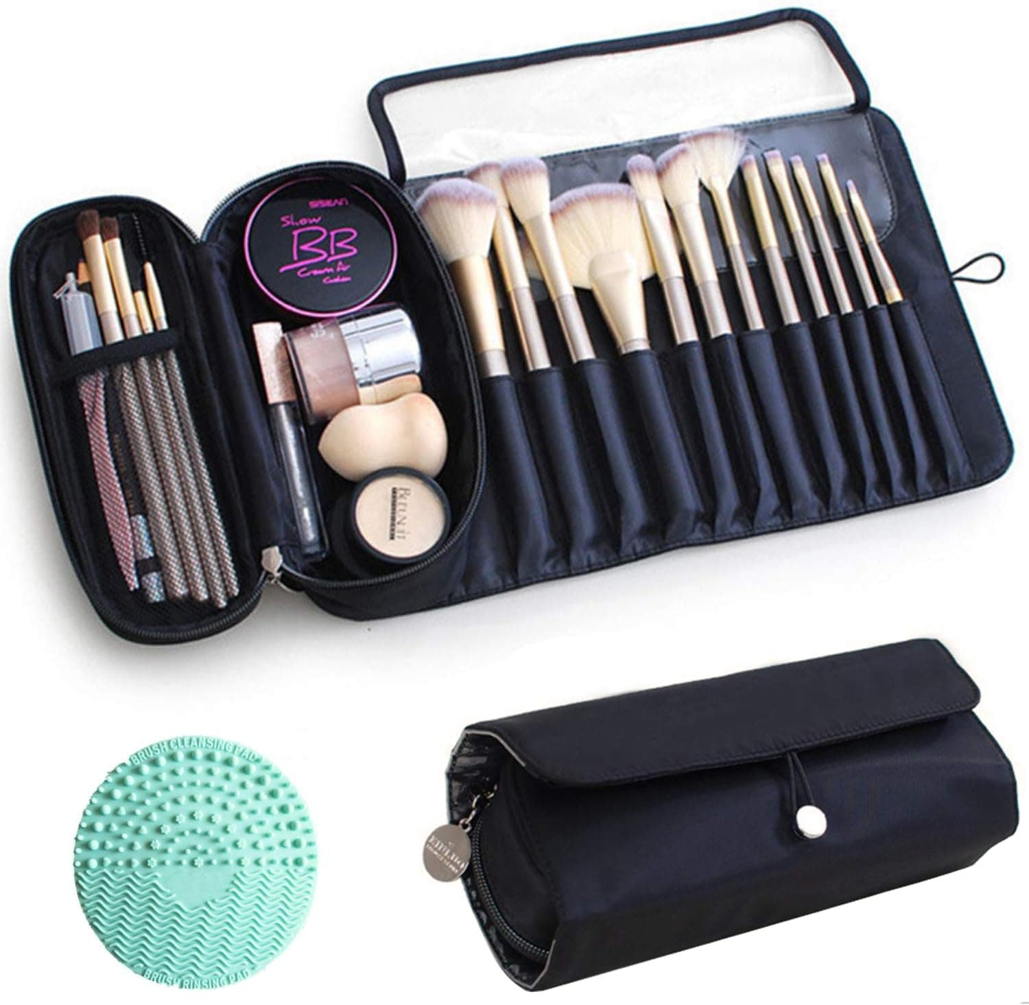 Warmstore Makeup Brush Bag, Travel Makeup Brush Case Makeup Brush Holder Organizer Cosmetic Bag Portable Roll Up Brush Storage Bag for Makeup Brushes and Cosmetic Essentials (Black)
