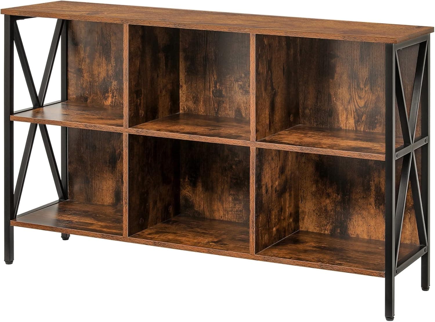 Iwell Industrial Sofa Table, 3-Tier Console Table, TV Stand, 6 Cube Storage Organizer for Living Room, Hallway Entryway Table, Home Office, Rustic Brown