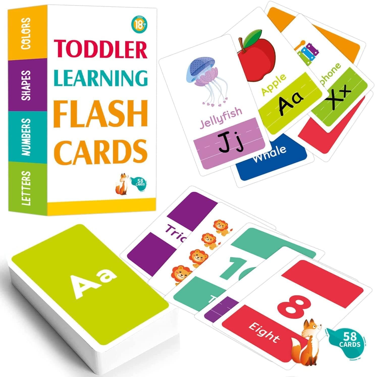 TODOKIDS 58 PCS Alphabet Flash Cards for Toddlers 2-4 Years - Learn Colors Number Shapes ABC Letters - Toddler Kids Learning Educational Toys Preschool Toddler Flashcards