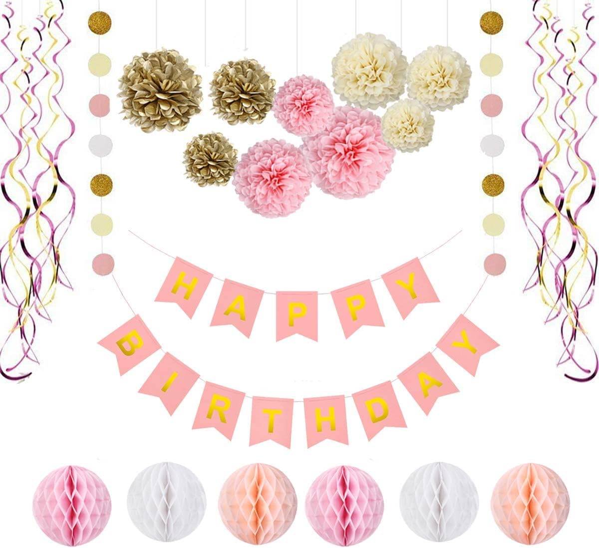Srinea Birthday Decorations, Gold and Pink Happy Birthday Banner for Ladys & Swirls Decorations with Paper, Paper Garland, Tissue Paper Pom Poms