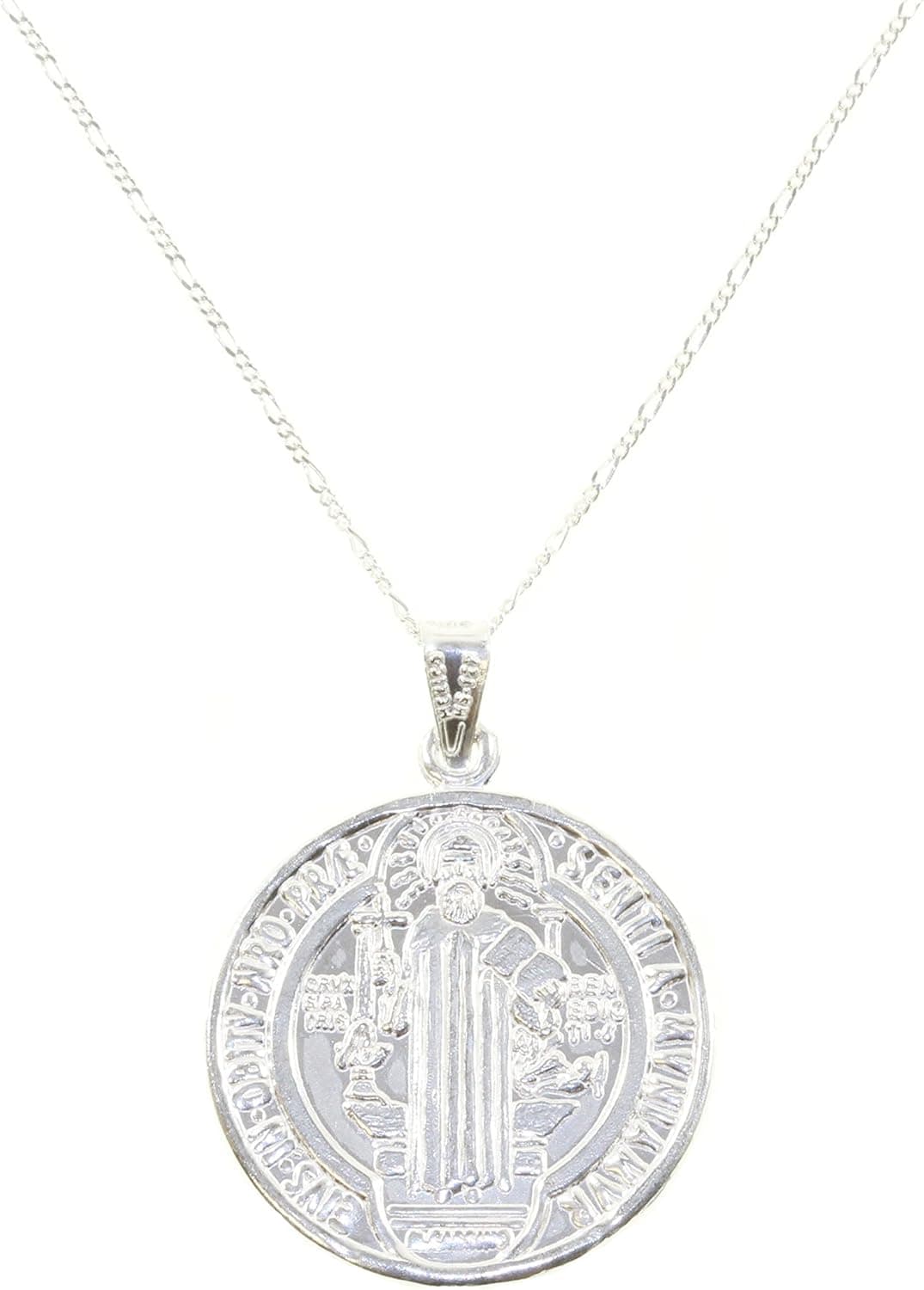 925 Sterling Silver St. Benedict Catholic Religious Pendant Figaro Chain 18"