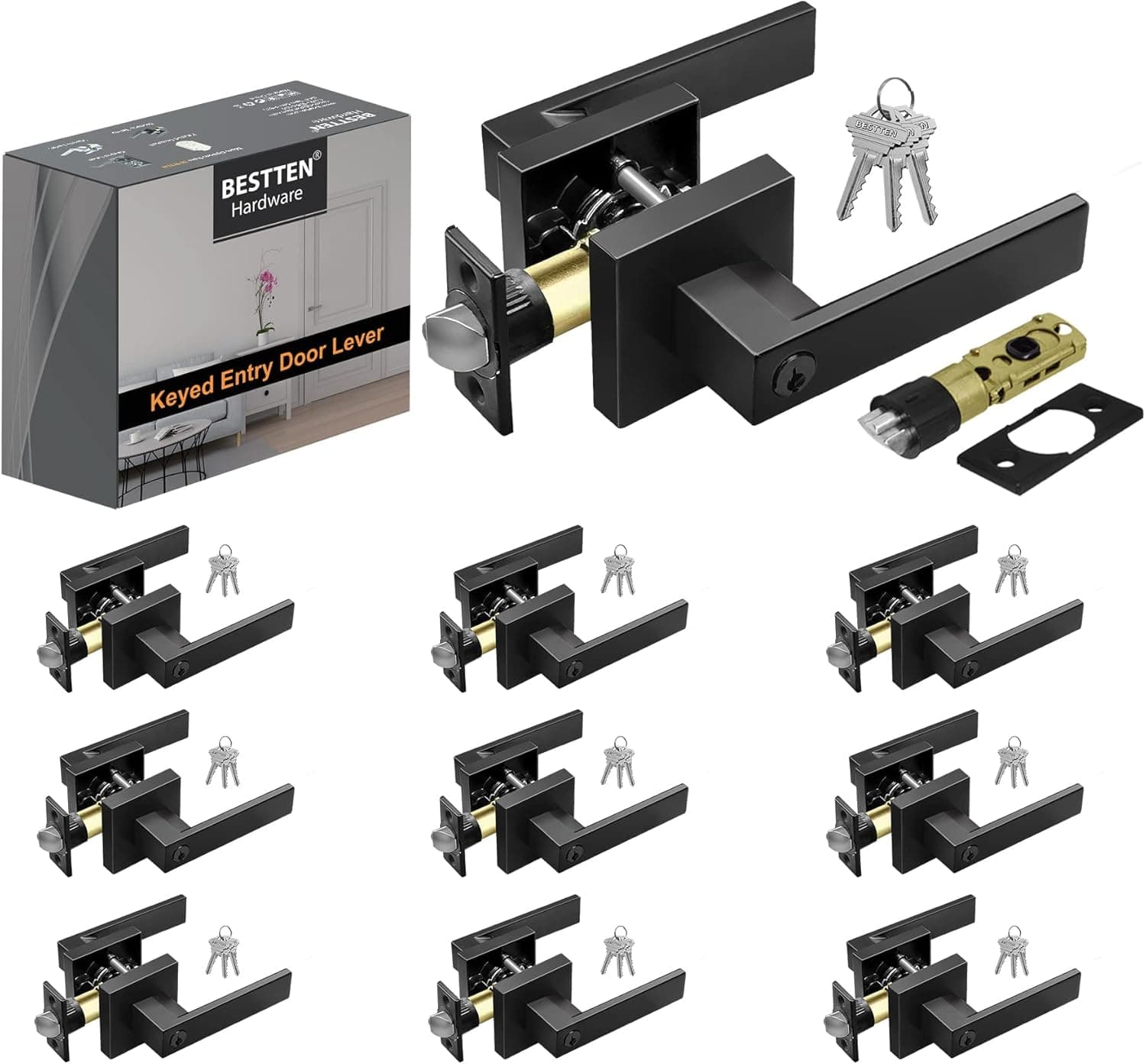 BESTTEN [10 Pack] Monaco Matte Black Square Entry Door Lever with Key, All Metal Heavy Duty Entrance Door Handle with Removable Latch Plate, for Commercial and Residential Use