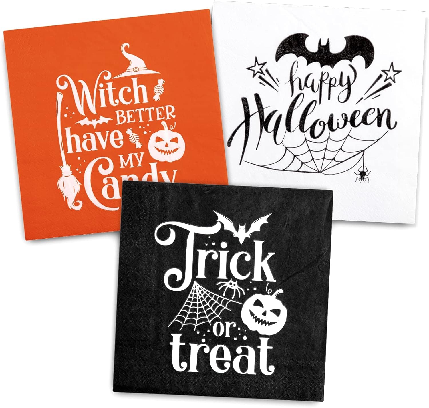 Whaline 96 Pack Halloween Disposable Paper Napkins 6.5 x 6.5" Large Black Orange White Cocktail Napkins 3 Design Thick Trick or Treat Witch Napkins for Halloween Dinner Party Supplies