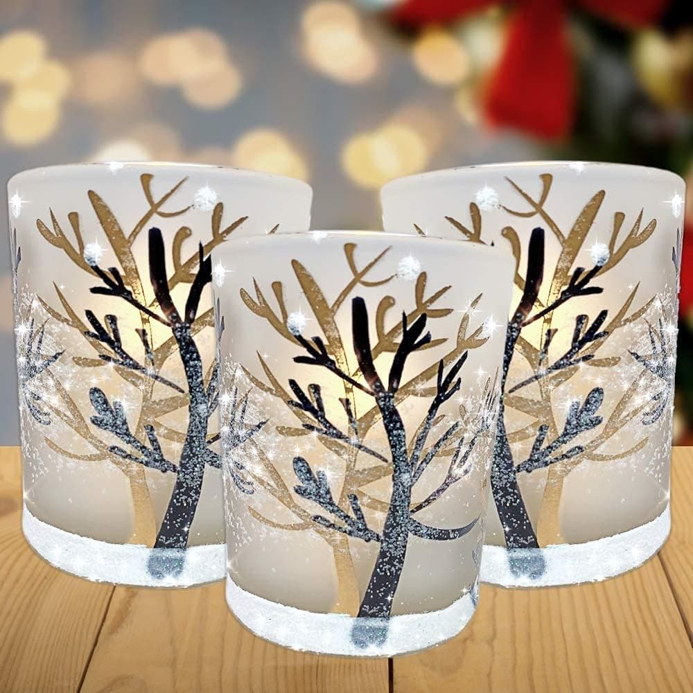 Holiday Votive Tealight Candle Holders Trees and Snow with Three Flameless Flickering LED Candles Included