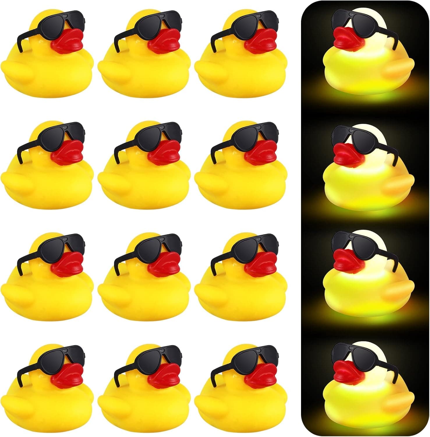 12 Pieces Light up Rubber Ducks Bath Toys Yellow Floating Duck with Sunglasses Bath Toys Water Glow in The Dark Rubber Ducky for Bathtub Bathroom Baby Shower Swimming Pool Easter Party Favor