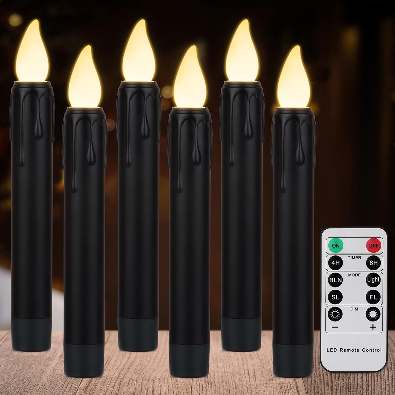 Yunsheng 6.7 Inches Black Flameless Taper Candles Flickering with Remote Timer, 6PCS Battery Operated Window Candles,Drip Wax Look LED Hanging Floating Candles, Warm White Lights, Christmas Home Decor